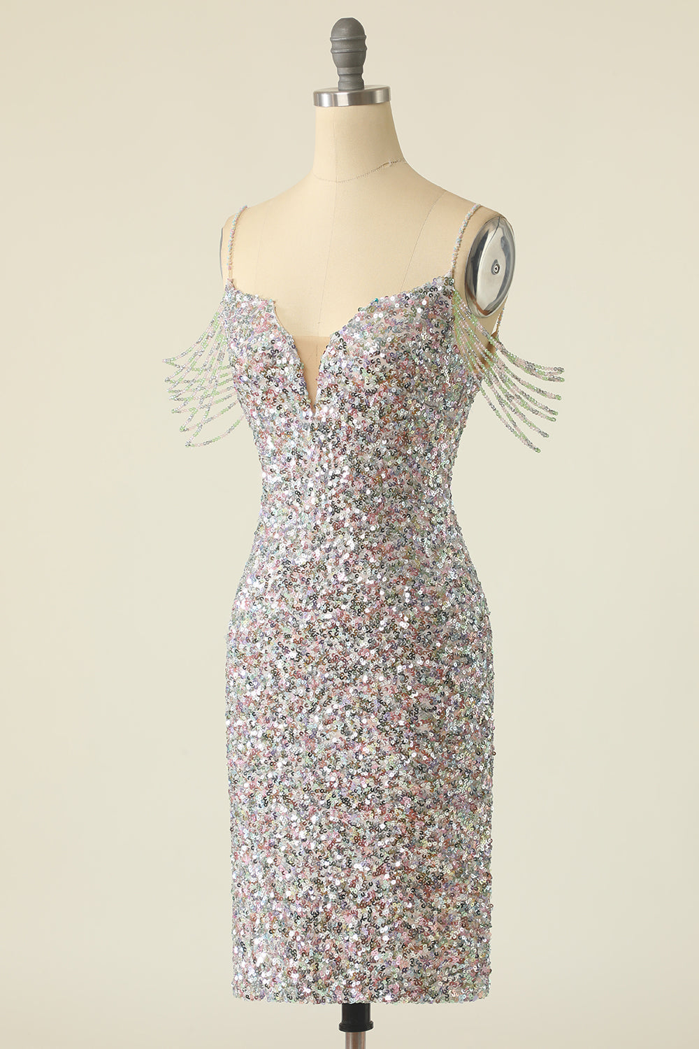 Silver Homecoming Dresses Sequined Cocktail Dress With Fringes