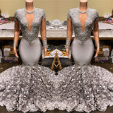 Silver Mermaid Flowers Prom Dresses | Sexy Lace Appliques Real Prom Dress on Mannequins