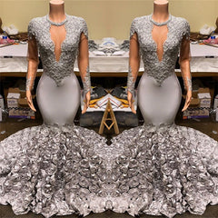 Silver Mermaid Flowers Prom Dresses | Sexy Lace Appliques Real Prom Dress on Mannequins