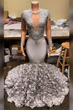 Silver Mermaid Flowers Prom Dresses | Sexy Lace Appliques Real Prom Dress on Mannequins