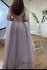 Silver Prom Dress A Line V Neck Beaded Sequined Floor Length Tulle Formal Dress