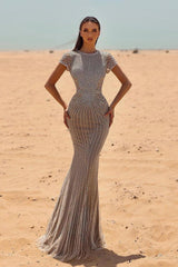 Silver Prom Dress Beaded Long Mermaid Sleeveless Evening Formal Dress