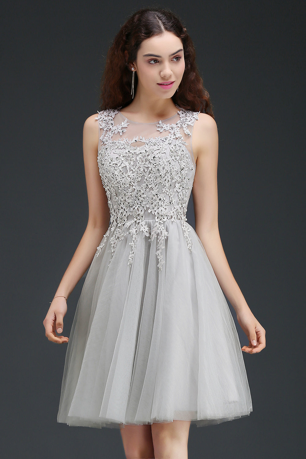 Silver Scoop Tulle Short Party Dress With Appliques