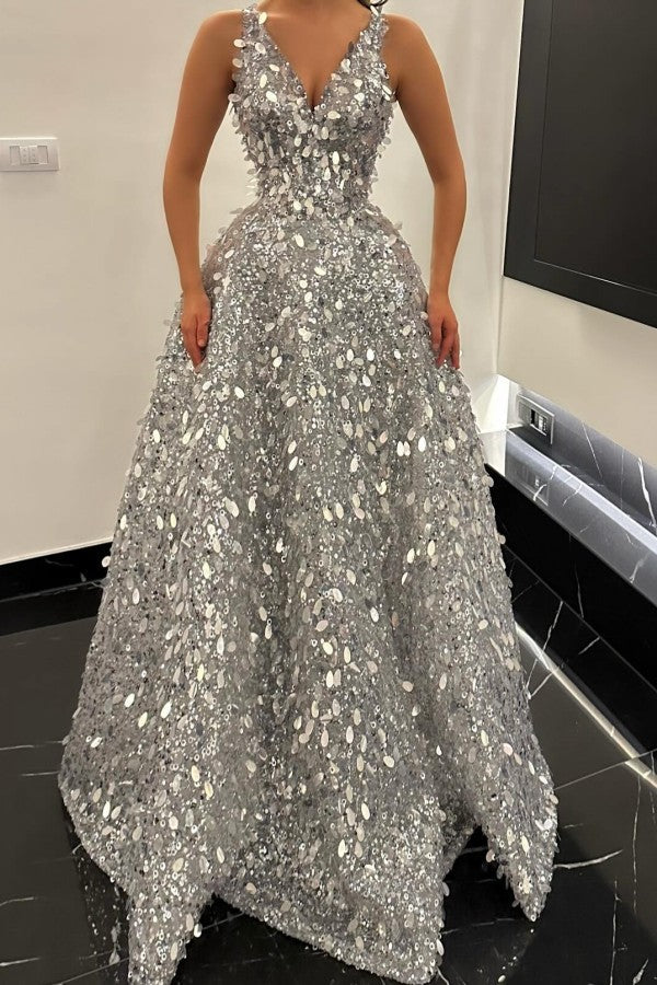 Silver Sequin A Line Prom Dress with V Neck