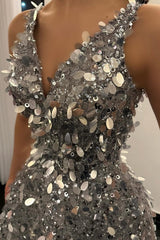 Silver Sequin A Line Prom Dress with V Neck
