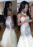 Silver Sequins Mermaid Tulle Prom Dresses Sweetheart Strapless Evening Dress