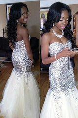 Silver Sequins Mermaid Tulle Prom Dresses Sweetheart Strapless Evening Dress