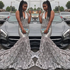 Silver Sequins V-neck Sexy Prom Dress | Rose Bottom Sleeveless Evening Gown FB0291