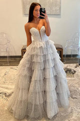 Suzhoufashion Silver Sparkling A-Line Sweetheart Ruffle Layer Prom Ball Gown Formal Evening Gown