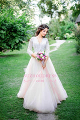 Simple 3/4 Sleeves Lace Wedding Dresses Puffy Tulle Outdoor Bridal Dress