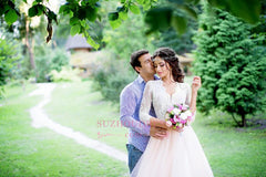 Simple 3/4 Sleeves Lace Wedding Dresses Puffy Tulle Outdoor Bridal Dress