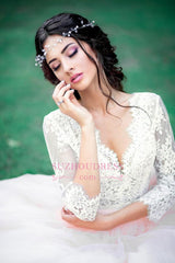 Simple 3/4 Sleeves Lace Wedding Dresses Puffy Tulle Outdoor Bridal Dress