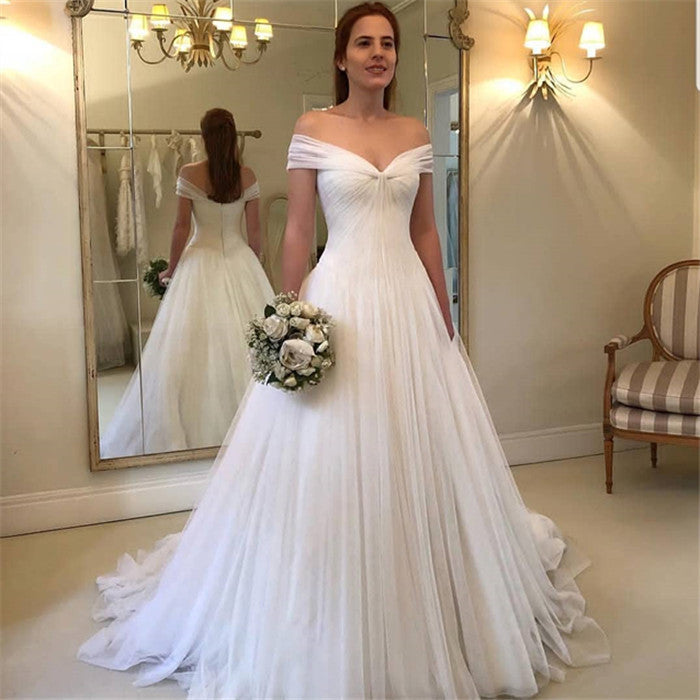 off the shoulder elegant wedding dress Off the Shoulder Satin Bridal Gown CDS513W – Sparkly Gowns main image 0