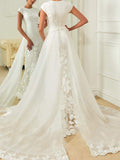 Simple A-Line Wedding Dress Jewel Lace Organza Satin Cap Sleeves Bridal Gowns with Sweep Train