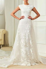 Simple A-Line Wedding Dress Jewel Lace Organza Satin Cap Sleeves Bridal Gowns with Sweep Train