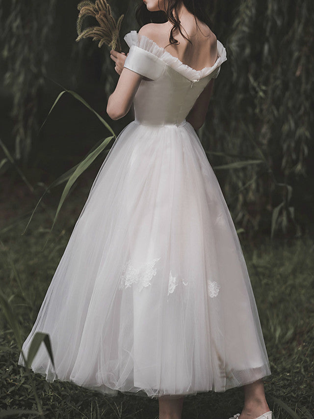Simple A-Line Wedding Dresses Off Shoulder Ankle Length Satin Tulle Short Sleeve Elegant Bridal Gowns On Sale Simple A-Line Wedding Dresses Off Shoulder Ankle Length Satin Tulle Short Sleeve Elegant Bridal Gowns On Sale