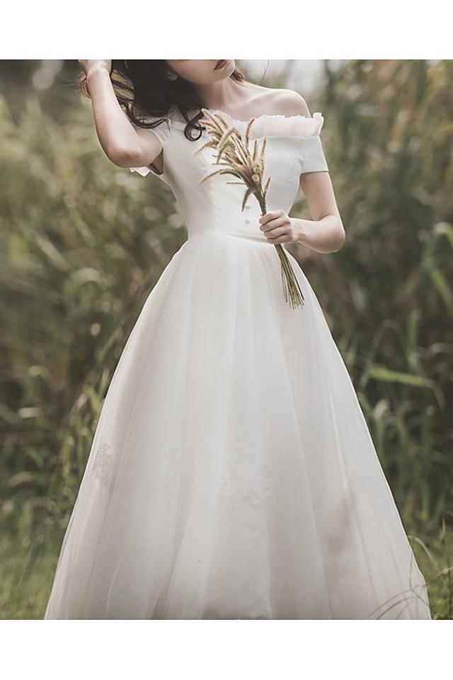Simple A-Line Wedding Dresses Off Shoulder Ankle Length Satin Tulle Short Sleeve Elegant Bridal Gowns On Sale | Suzhoufashion suzhoufashion Simple A-Line Wedding Dresses Off Shoulder Ankle Length Satin Tulle Short Sleeve Elegant Bridal Gowns On Sale | Suzhoufashion suzhoufashion
