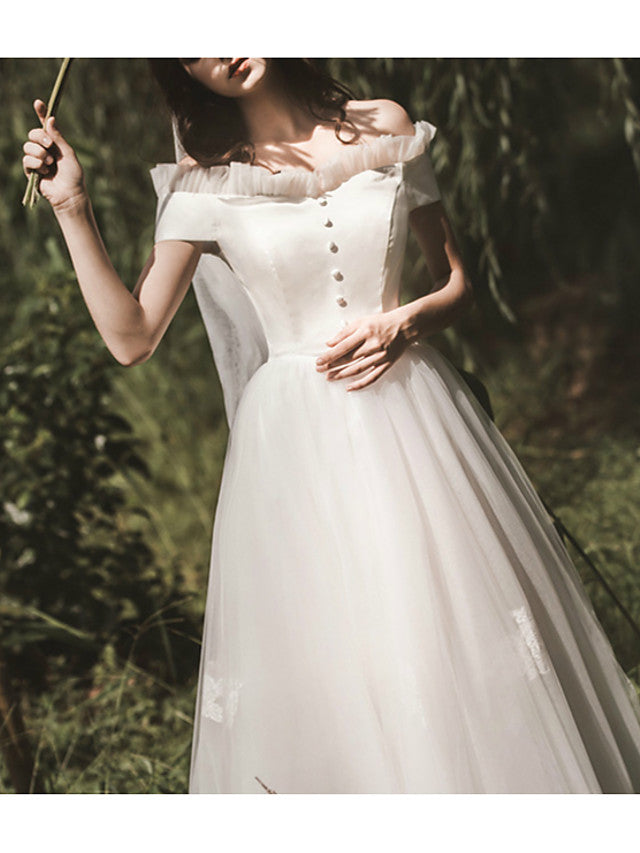 Simple A-Line Wedding Dresses Off Shoulder Ankle Length Satin Tulle Short Sleeve Elegant Bridal Gowns On Sale | Suzhoufashion Simple A-Line Wedding Dresses Off Shoulder Ankle Length Satin Tulle Short Sleeve Elegant Bridal Gowns On Sale | Suzhoufashion