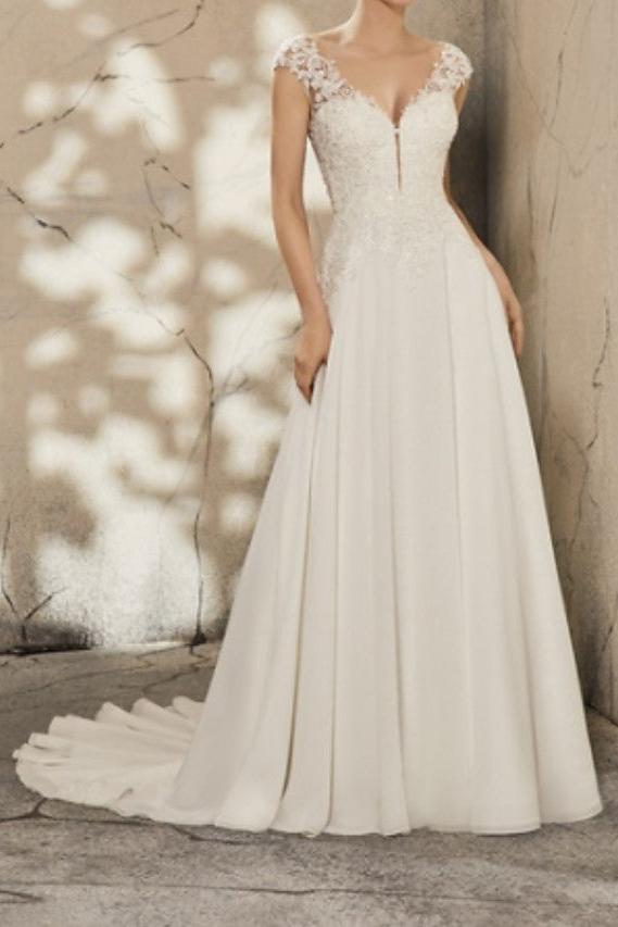 Simple A-Line Wedding Dresses V-Neck Lace Cap Sleeve Plus Size Bridal Gowns with Court Train