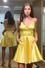 Simple A-Line Yellow Homecoming Dresses Prom Dress with Pockets