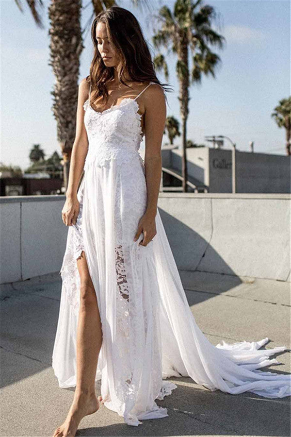 Simple A-line Lace Beach Wedding Dresses | Spaghetti Straps Sexy Bridal Gowns