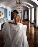 Simple A-line Wedding Dresses V-neck Lace Appliques Bridal Dress