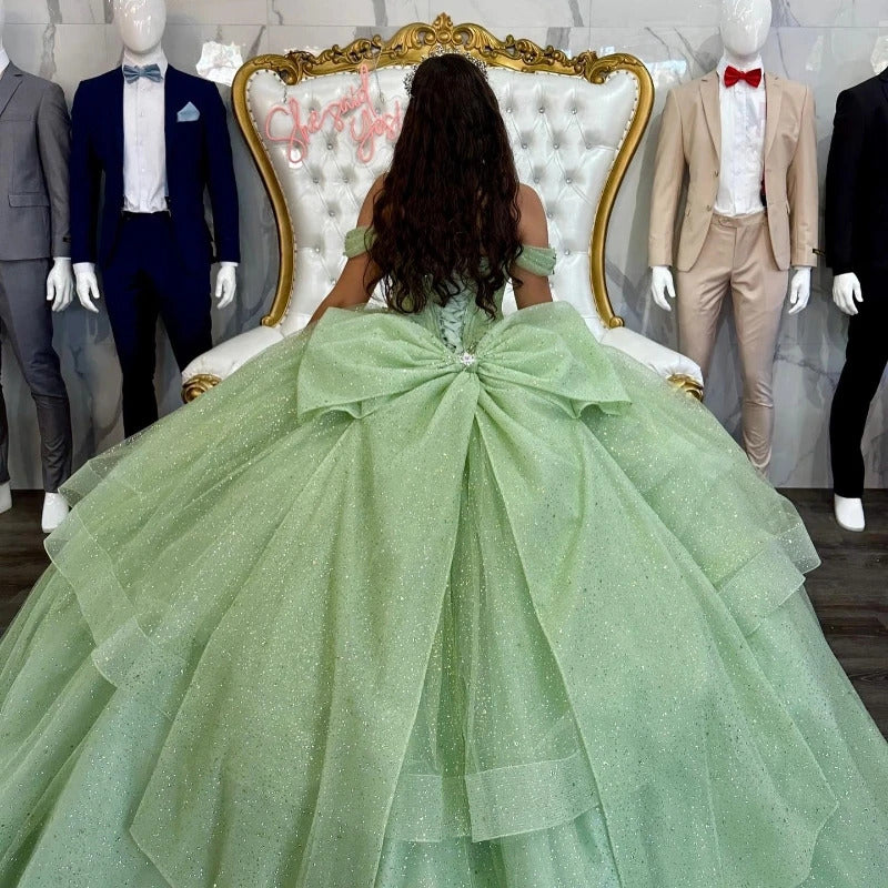 Simple Ball Gown Off Shoulder Sparkly Sequins Beaded Sage Green Tulle Quinceanera Dress For Sweet 16 Simple Ball Gown Off Shoulder Sparkly Sequins Beaded Sage Green Tulle Quinceanera Dress For Sweet 16