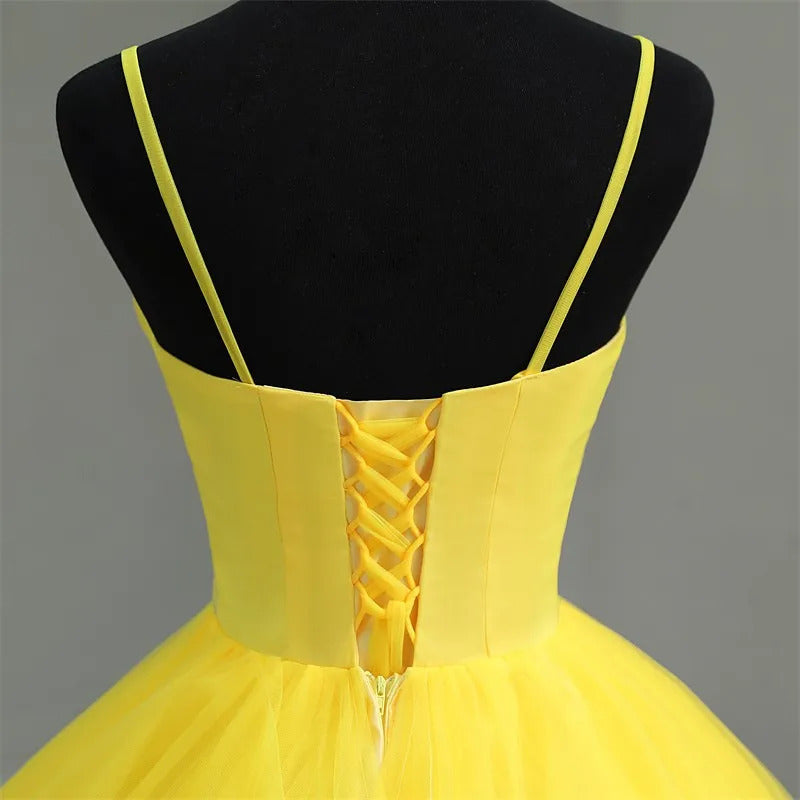 Simple Ball Gown V Neck Spaghetti Straps Tiered Yellow Tulle Quinceanera Dress For Sweet 16