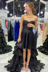Simple Black Homecoming Dresses A-Line Corset Sweetheart High Low Tiered Prom Dress