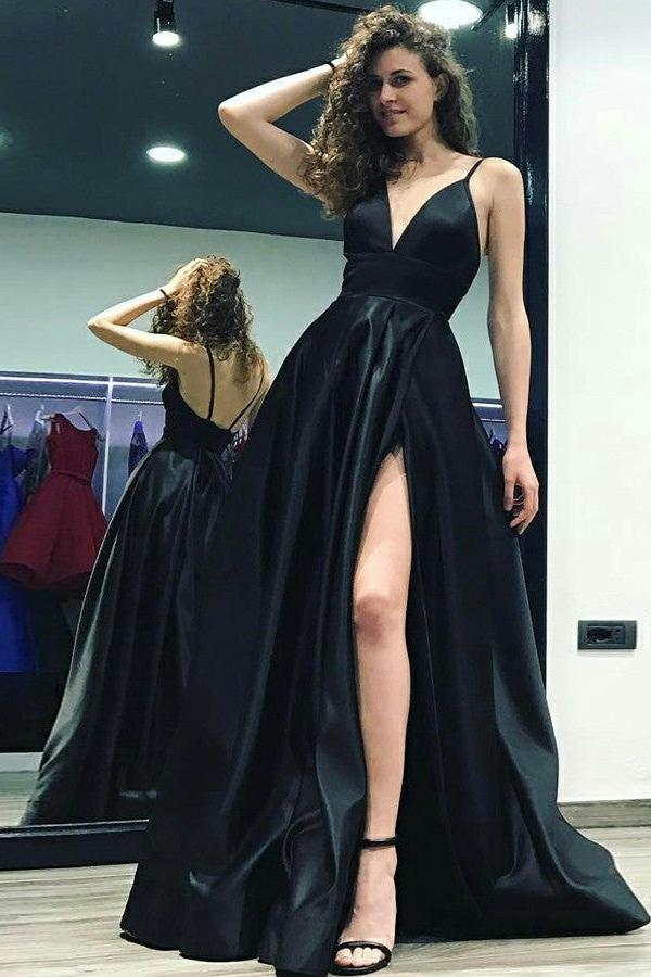 Simple Black Spaghetti Straps Prom Dresses | Side Slit Sleeveless Evening Dresses