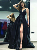 Simple Black Spaghetti Straps Prom Dresses | Side Slit Sleeveless Evening Dresses