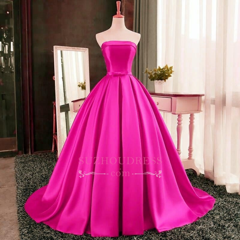 Simple Bows-Sashes Puffy Evening Dresses Red Strapless Prom Dresses