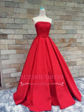 Simple Bows-Sashes Puffy Evening Dresses Red Strapless Prom Dresses