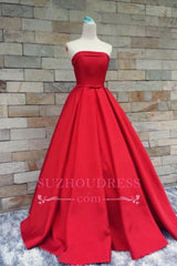 Simple Bows-Sashes Puffy Evening Dresses Red Strapless Prom Dresses