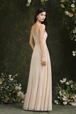 Simple Champagne Spaghetti Straps Sleeveless A-Line Satin Prom Dresses with Ruffles