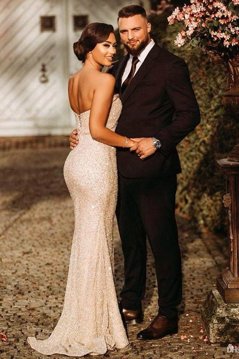 white christmas dresses Simple Champagne Strapless Sequins Prom Dresses with Slit