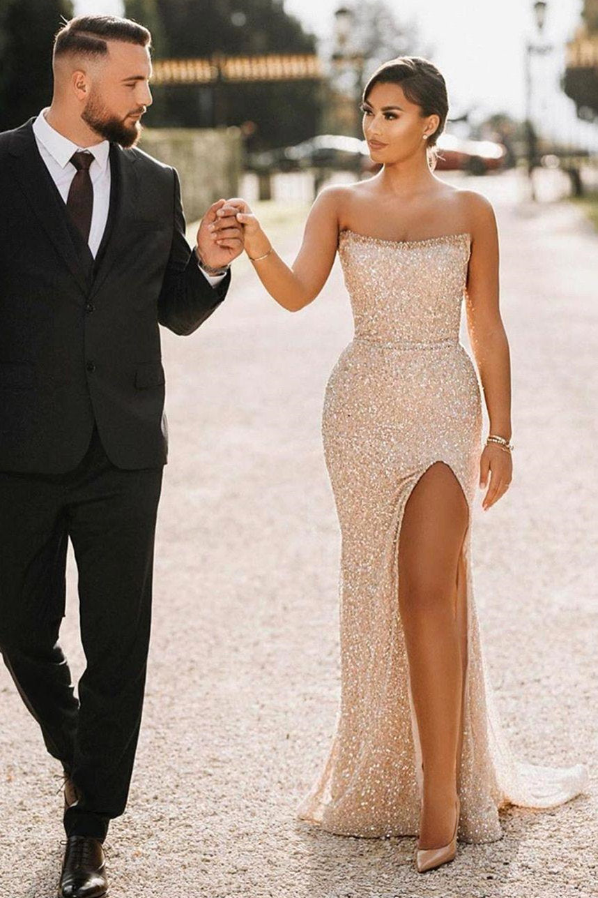 Simple Champagne Strapless Sequins Prom Dresses with Slit