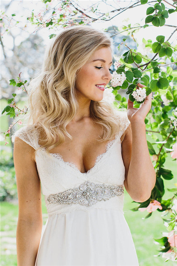 Simple Chiffon Lace Summer Wedding Dresses V Neck Empired Floor Length Plus Size Beach Wedding Dresses for Brides