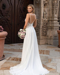 Simple Chiffon V Neck White Split Beach Wedding Dresses With Lace Appliques