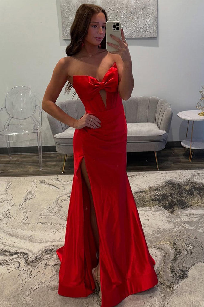 Suzhoufashion Simple Corset Red Prom Dress Satin Sweetheart Long Formal Dress With Slit – suzhoufashion