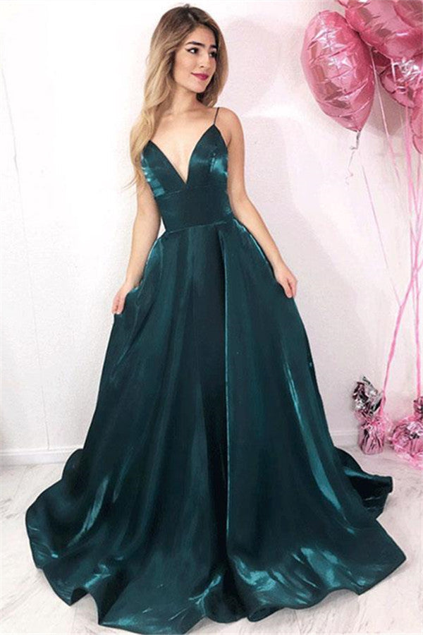 Simple Dark Green Sleeveless A-Line Prom Dresses | Spaghetti Straps Sweep Train Evening Gown