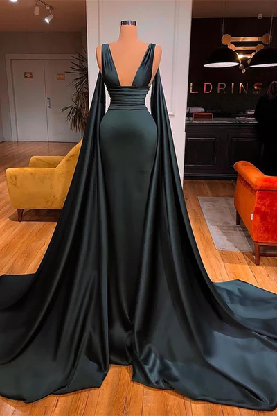 Simple Dark Green V-Neck Designer Sleeveless A-line Prom Dress