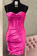 Simple Fuchsia Homecoming Dresses Corset Tight Satin Short Cocktail Dresses