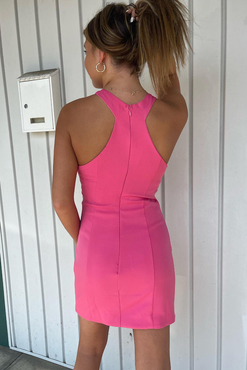 Simple Fuchsia Homecoming Dresses Satin Halter Tight Short Cocktail Dresses