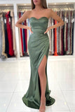 Simple Green Strapless Sleeveless Mermaid Elastic Woven Satin Floor-Length Prom Dresses