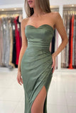 Simple Green Strapless Sleeveless Mermaid Elastic Woven Satin Floor-Length Prom Dresses