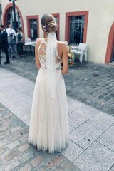 Simple Halter White Sleeveless A-line Tulle Beach Wedding Dress