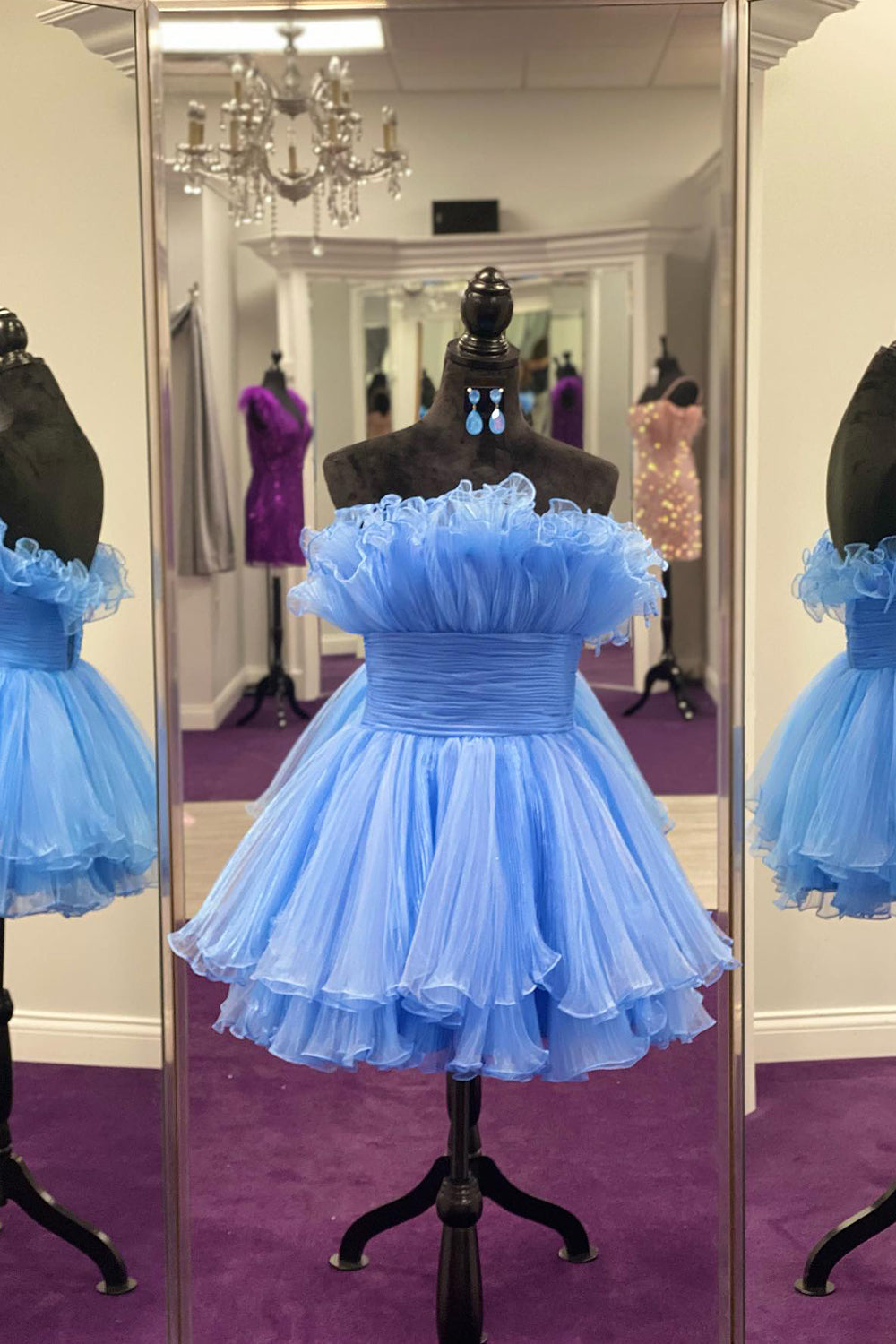 Simple Homecoming Dresses Strapless Tiered Tulle A-Line Short Cocktail Dresses
