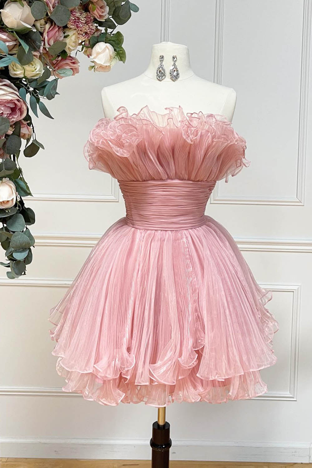 Simple Homecoming Dresses Strapless Tiered Tulle A-Line Short Cocktail Dresses