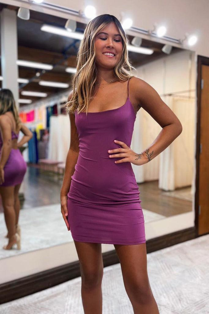 Simple Hot Pink Homecoming Dress Open Back Spaghetti Straps Tight Short Prom Dress Suzhoufashion